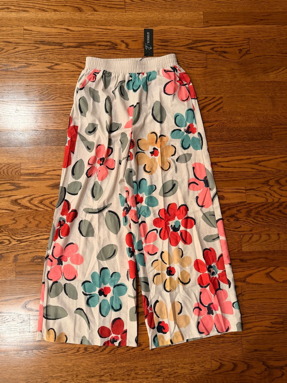 Floral Wide-Leg soft polyester Pants - White with Multicolor Flowers - Picture 3 of 6